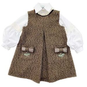 Petite maison kids Brown Herringbone Dress with White Shirt